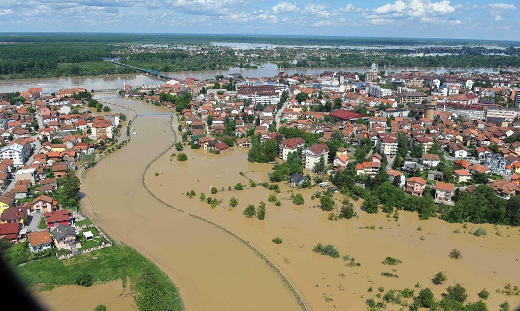 Aerial view of flooded area along the Sava river